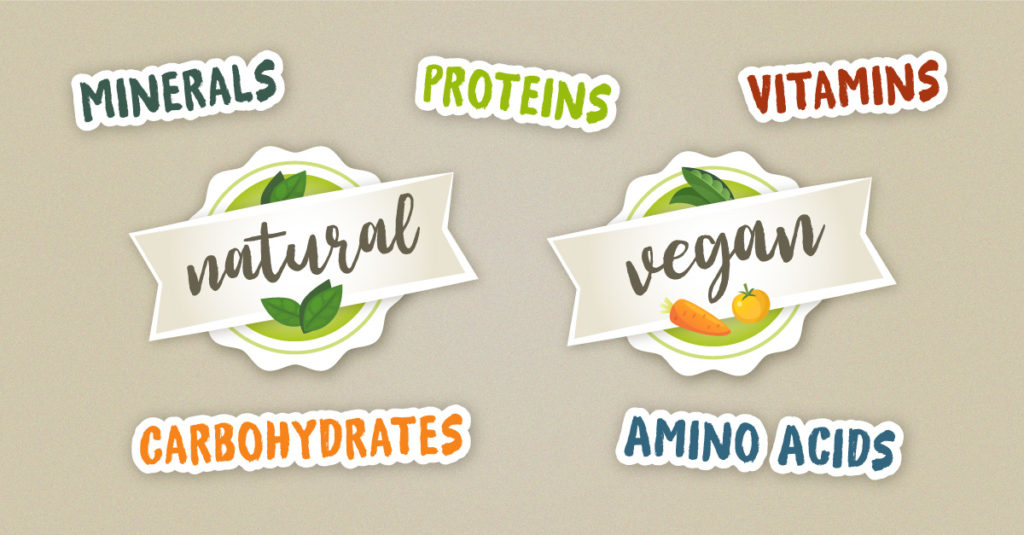 stylized writing: proteins, carbs, amino acids, vitamins, minerals, naural, vegan